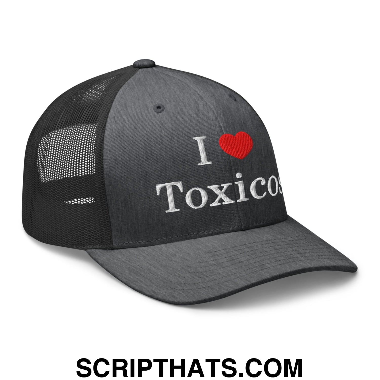 I Love Toxicos Embroidered Mesh Trucker Hat Dark Heather Gray