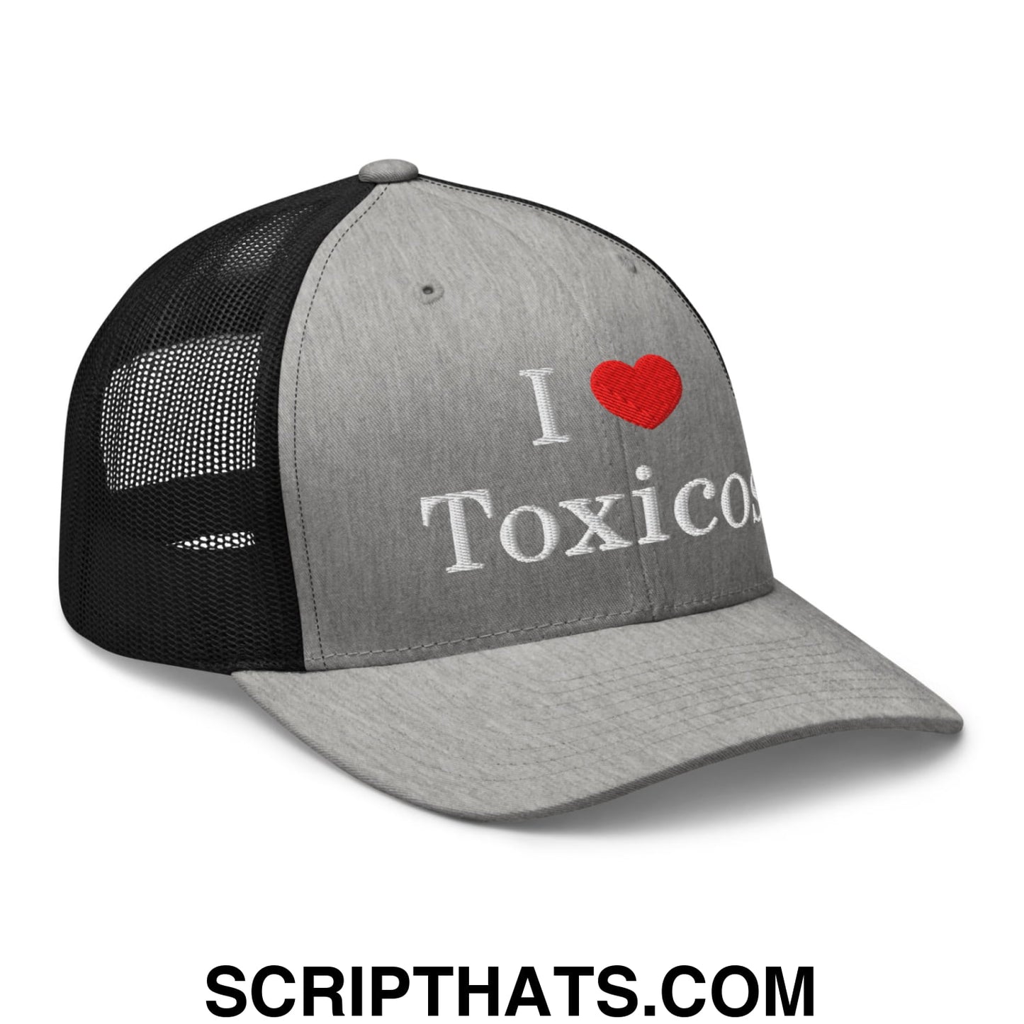 I Love Toxicos Embroidered Mesh Trucker Hat Heather Black