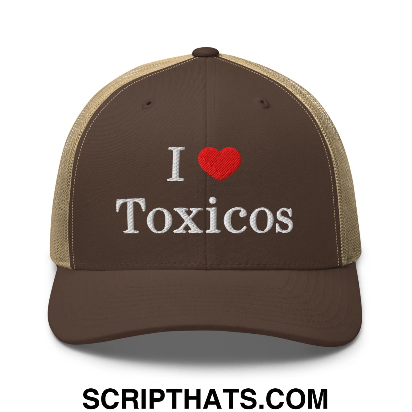 I Love Toxicos Embroidered Mesh Trucker Hat Brown Khaki