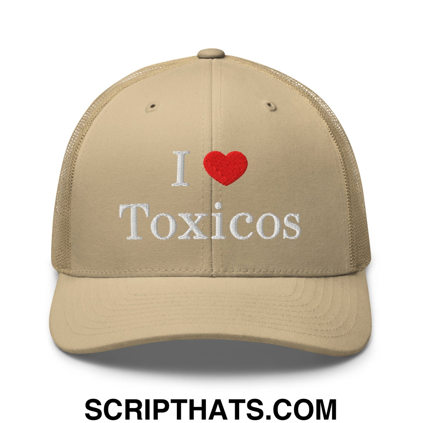 I Love Toxicos Embroidered Mesh Trucker Hat Khaki