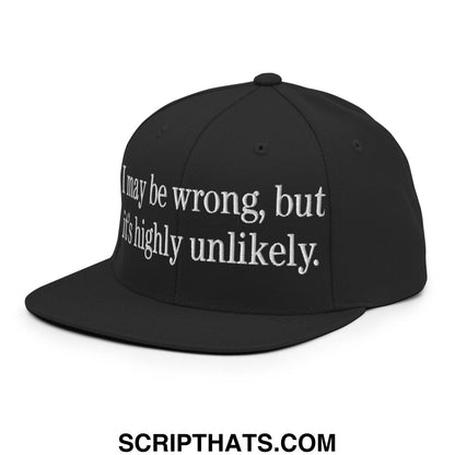 Black snapback cap with white embroidered text i may be wrong but its highly unlikely and flat bill brim design