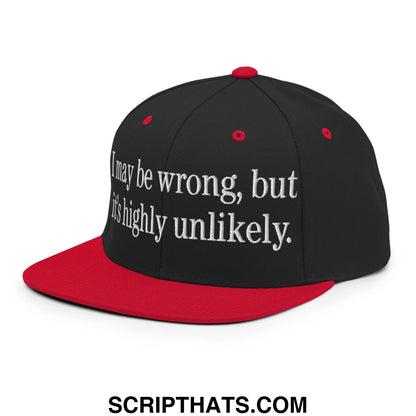 Black and red flat bill brim snapback hat with white embroidered text i may be wrong but it’s highly unlikely