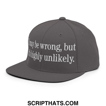 Dark gray flat bill brim snapback hat with white embroidered text reading i may be wrong but it’s highly unlikely