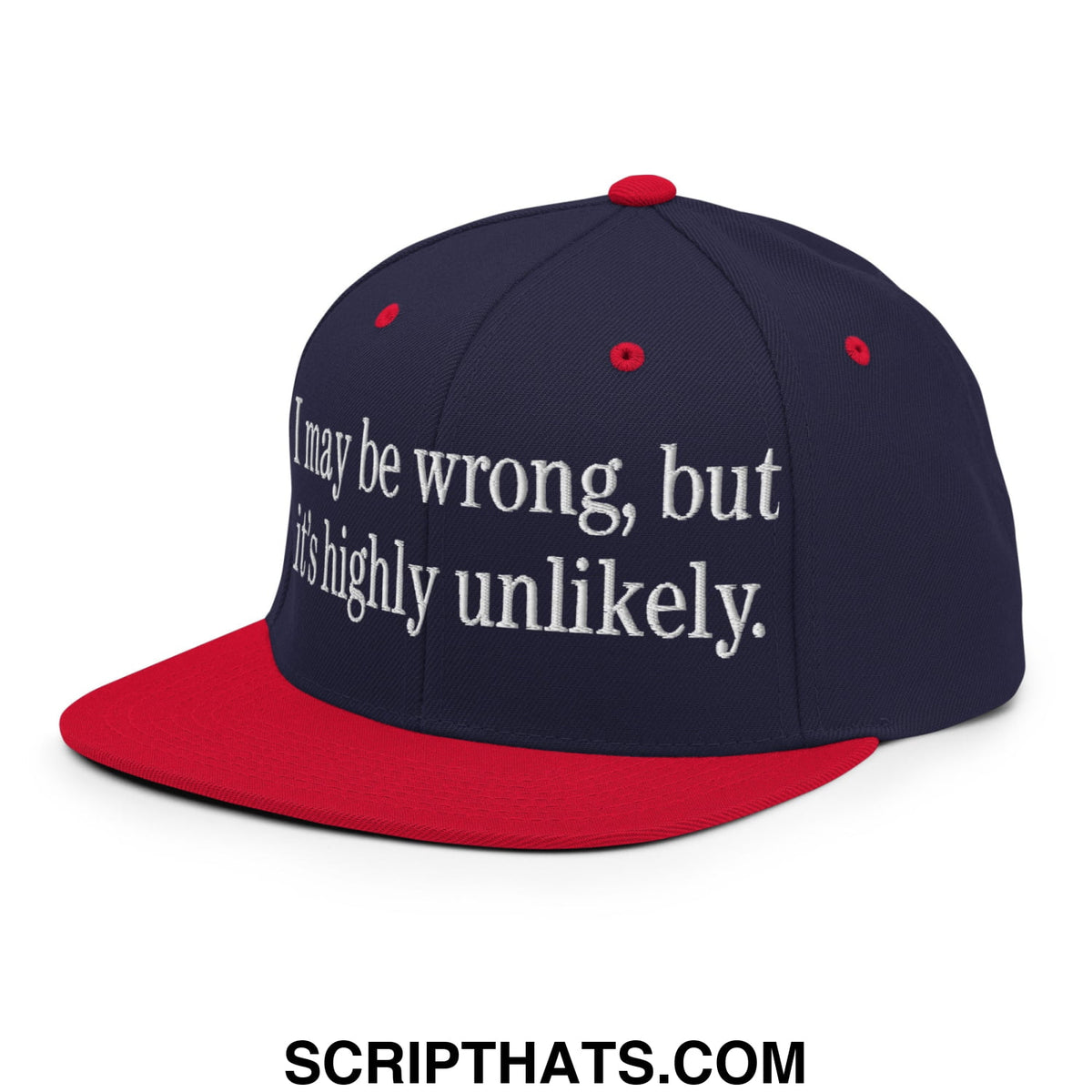 Navy blue and red snapback hat with white embroidered text i may be wrong but it’s highly unlikely and flat bill brim