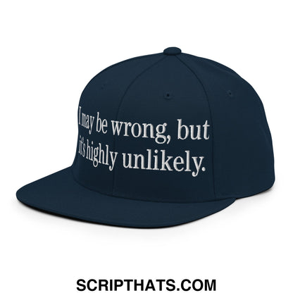 Navy blue snapback hat with white embroidered text i may be wrong but it’s highly unlikely and flat bill brim