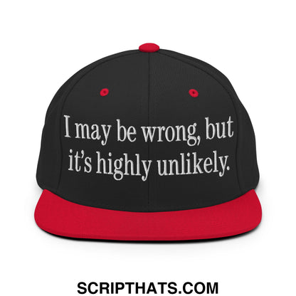 Black and red snapback hat with white embroidered text i may be wrong but its highly unlikely flat bill brim