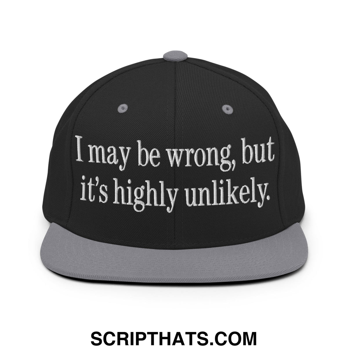 Black snapback cap with gray brim and matching button featuring white embroidered text i may be wrong but its highly unlikely