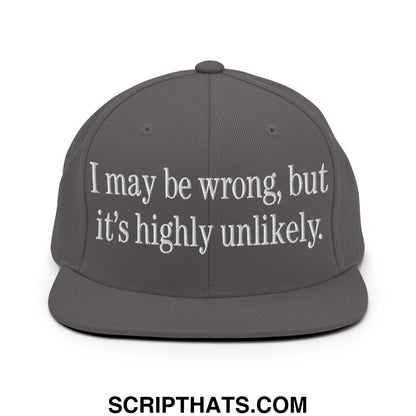 Gray snapback cap with white embroidered i may be wrong but its highly unlikely text and flat bill brim design