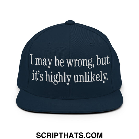 Navy blue flat bill brim snapback hat with white embroidered text i may be wrong but it’s highly unlikely