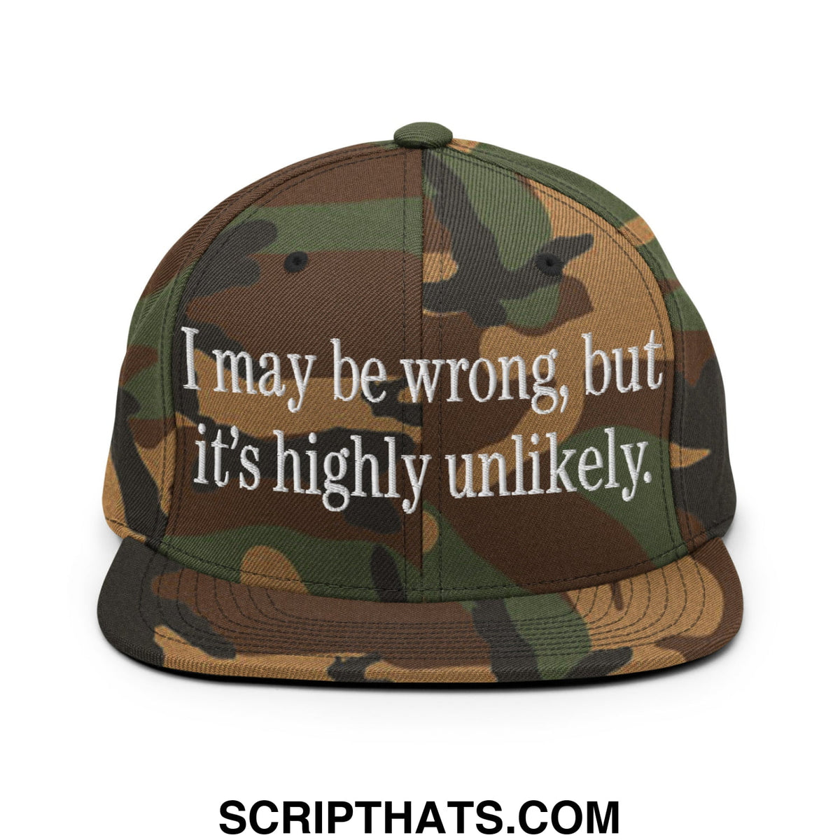 Camouflage snapback hat with flat bill brim and white embroidered text saying i may be wrong but its highly unlikely