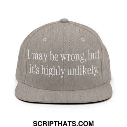 Gray snapback hat with white embroidered text i may be wrong but its highly unlikely and flat bill brim design