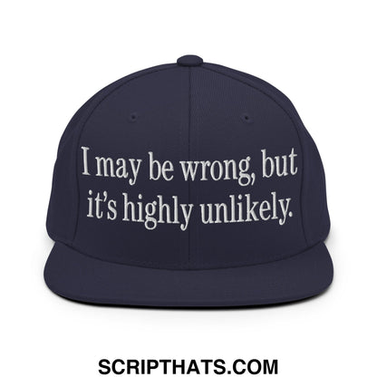 Navy blue snapback hat with white embroidered text i may be wrong but it’s highly unlikely flat bill brim
