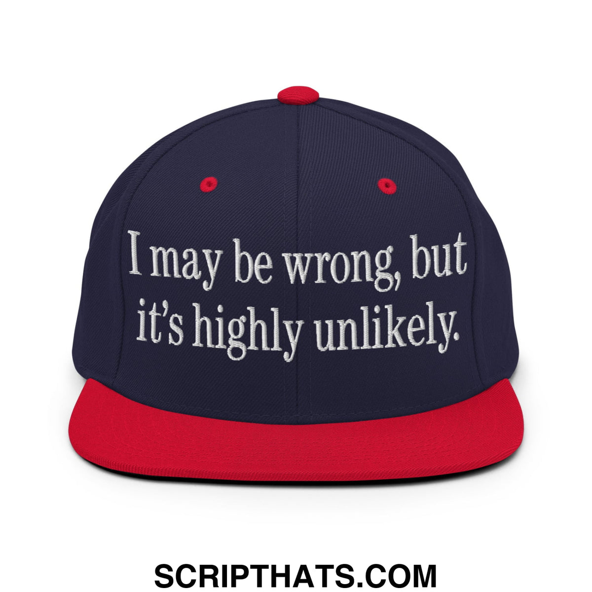 Navy blue and red snapback hat with white embroidered text i may be wrong but it is highly unlikely and flat bill brim
