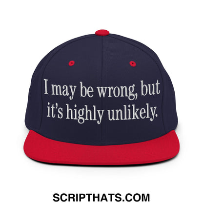 Navy blue and red snapback hat with white embroidered text i may be wrong but it is highly unlikely and flat bill brim