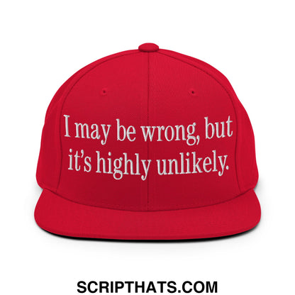 Red snapback cap with white embroidered text i may be wrong but its highly unlikely flat bill brim design