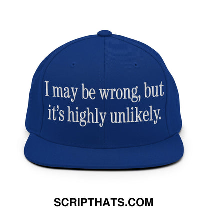 Royal blue flat bill brim snapback hat with white embroidered text i may be wrong but its highly unlikely