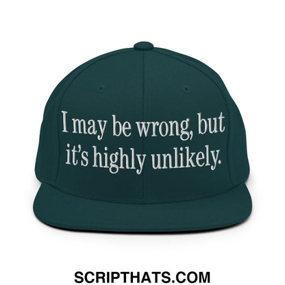 Dark green snapback hat with white embroidered text i may be wrong but its highly unlikely flat bill brim