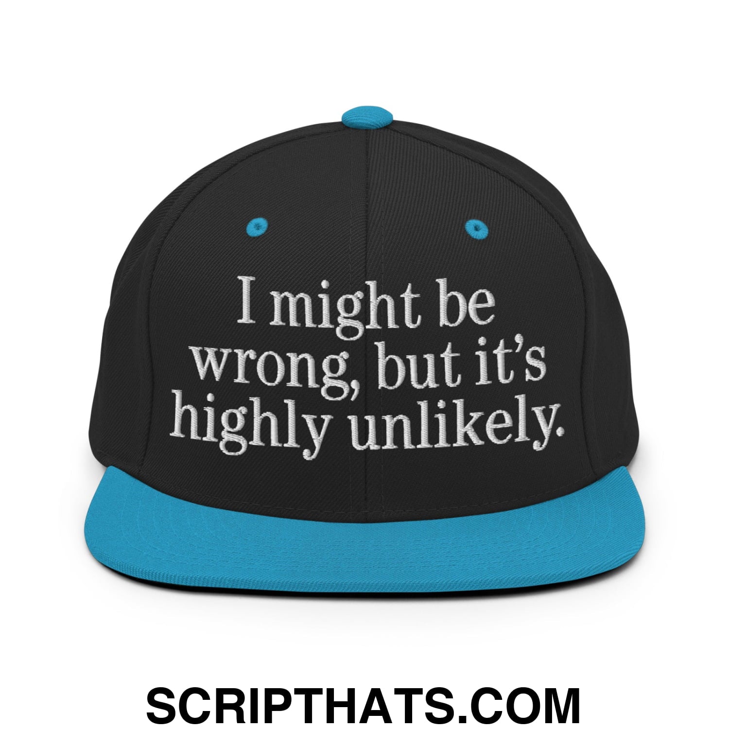 Black snapback cap with teal brim and button featuring white embroidered text i might be wrong but its highly unlikely