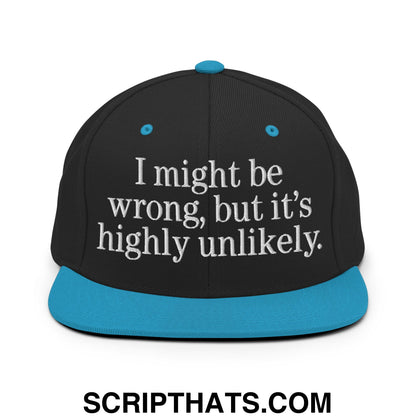 Black snapback cap with teal brim and button featuring white embroidered text i might be wrong but its highly unlikely
