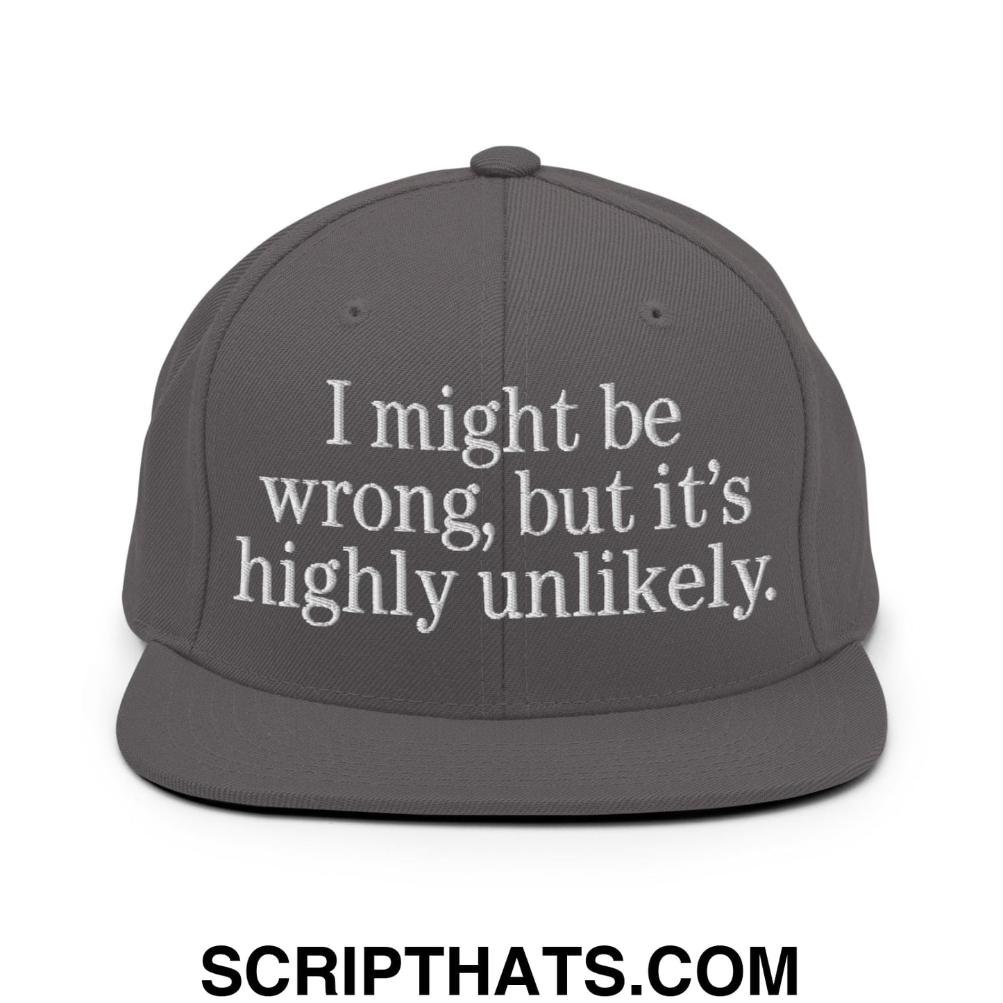 Gray embroidered flat bill brim snapback hat with white text i might be wrong but its highly unlikely