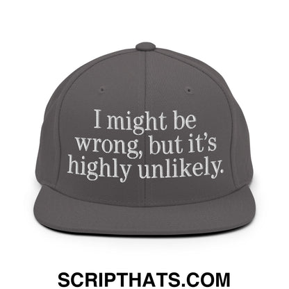 Gray embroidered flat bill brim snapback hat with white text i might be wrong but its highly unlikely