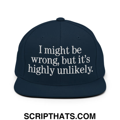 Navy blue flat bill brim snapback hat with white embroidered text i might be wrong but its highly unlikely