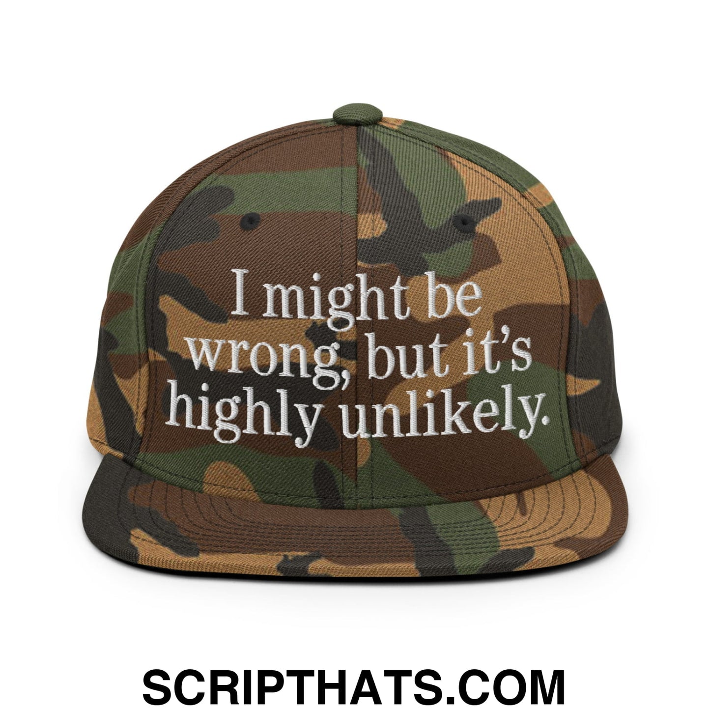 Camouflage snapback hat with flat bill brim and white embroidered i might be wrong but its highly unlikely text
