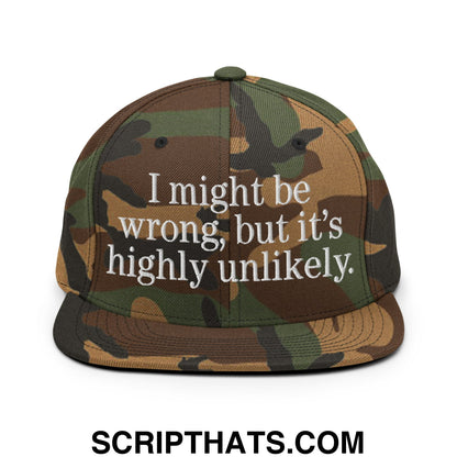 Camouflage snapback hat with flat bill brim and white embroidered i might be wrong but its highly unlikely text