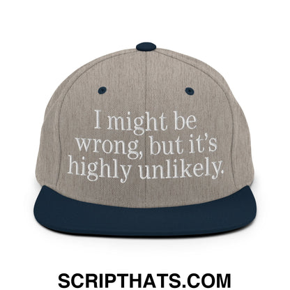 Beige and navy blue snapback hat with white embroidered text i might be wrong but it’s highly unlikely on flat bill brim