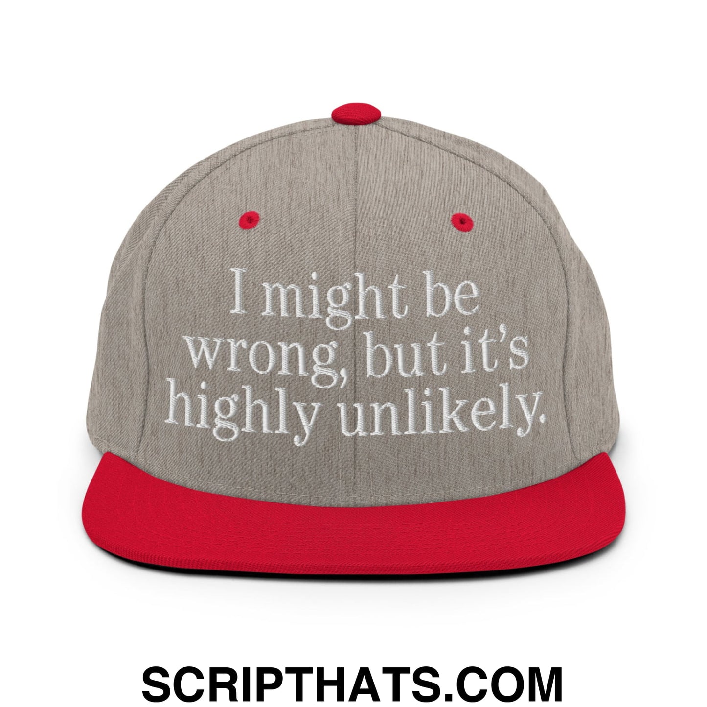 Gray snapback cap with red brim and button, featuring white embroidered text reading i might be wrong but it’s highly unlikely