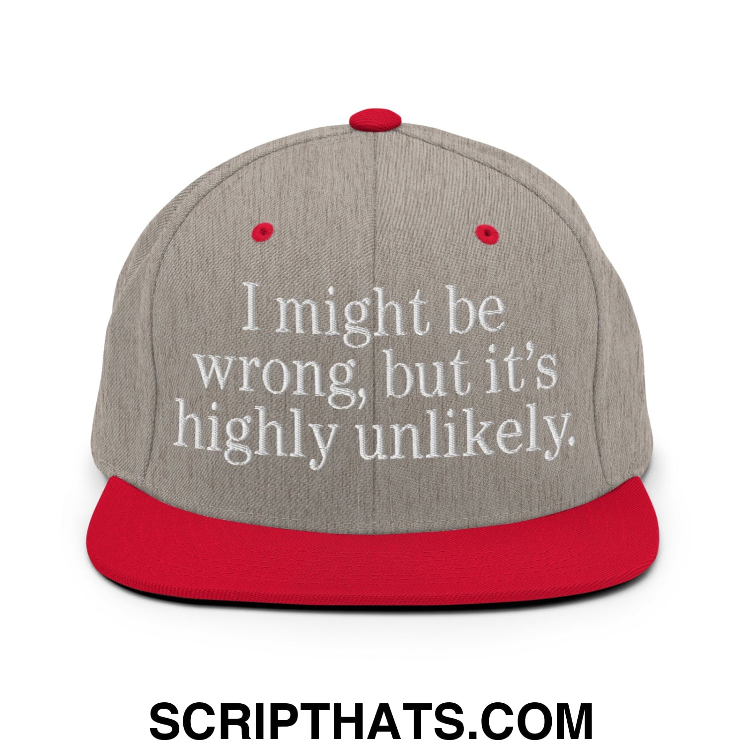 Gray snapback cap with red brim and button, featuring white embroidered text reading i might be wrong but it’s highly unlikely