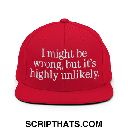 Red snapback cap with white embroidered i might be wrong but its highly unlikely flat bill brim design