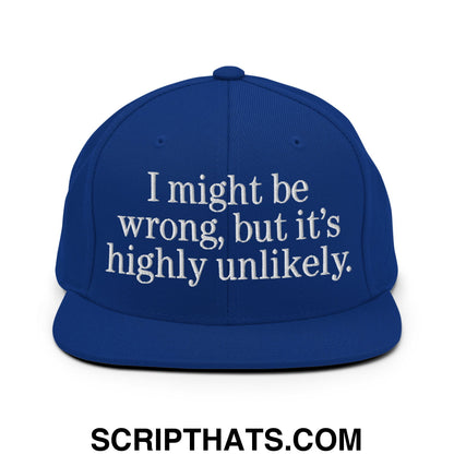 Royal blue flat bill snapback cap with white embroidered i might be wrong but its highly unlikely text