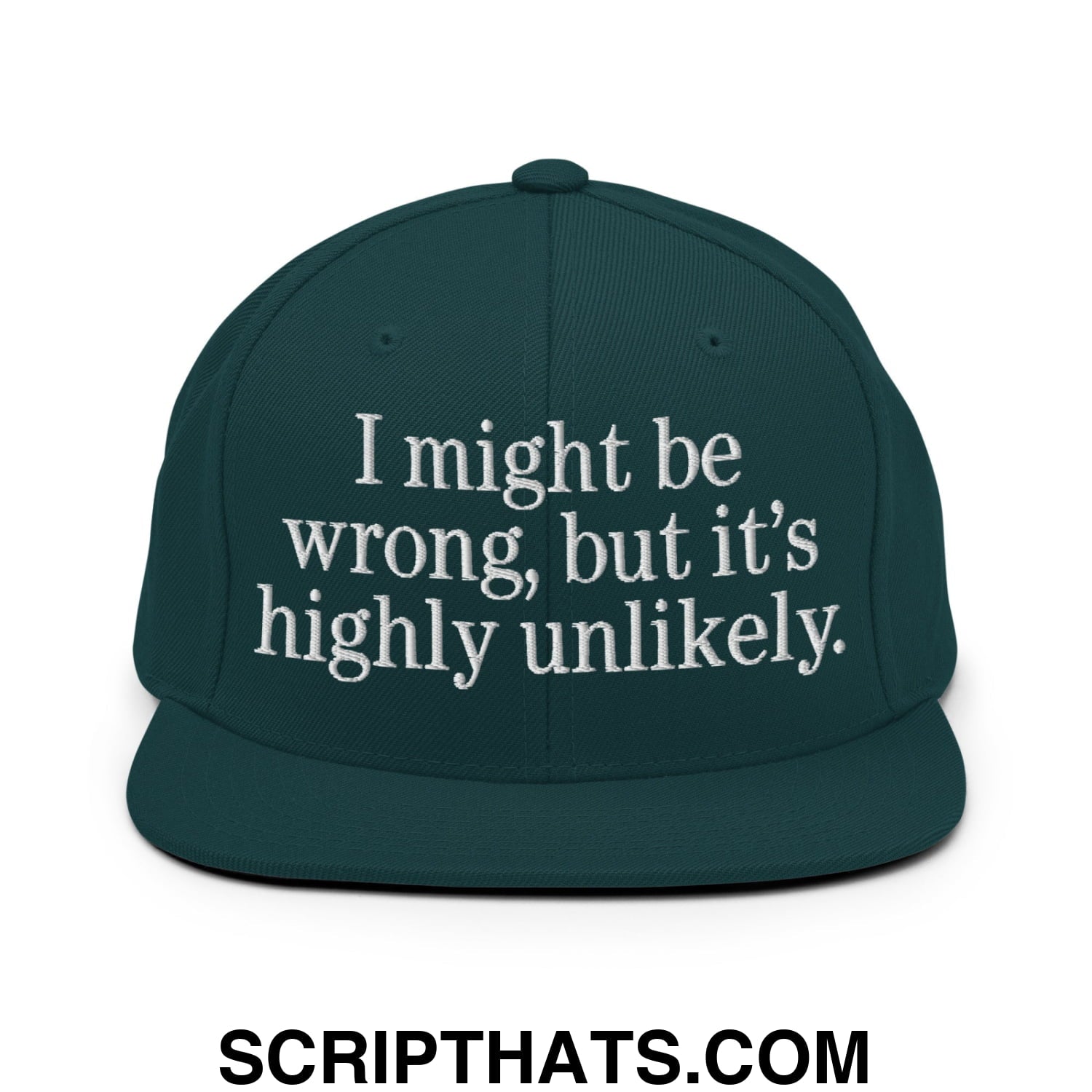Dark green snapback cap with white embroidered i might be wrong but its highly unlikely text and flat bill brim