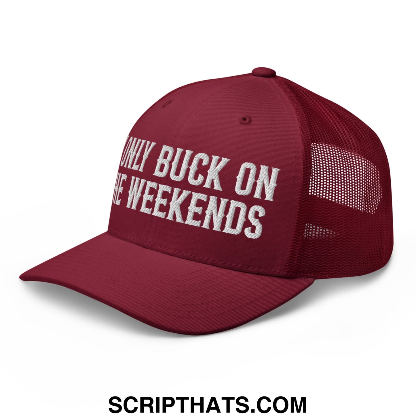 I Only Buck on the Weekends Embroidered Mesh Trucker Hat Cranberry