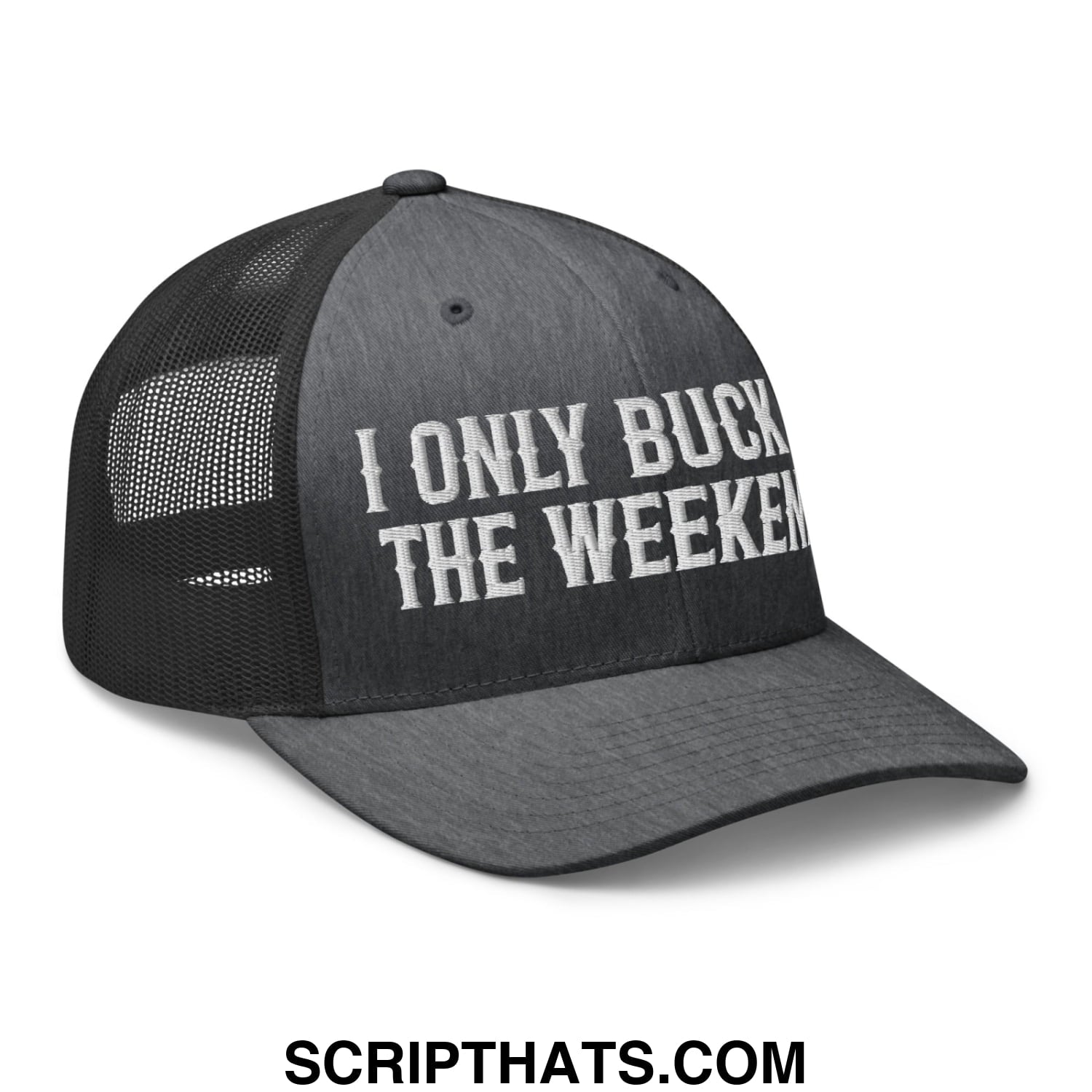 I Only Buck on the Weekends Embroidered Mesh Trucker Hat Dark Heather Gray