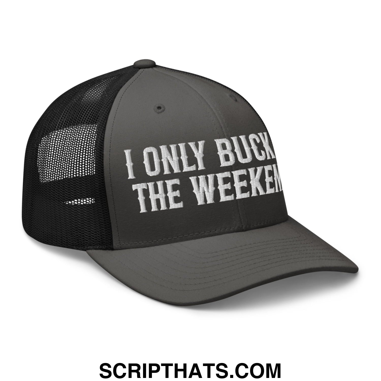 I Only Buck on the Weekends Embroidered Mesh Trucker Hat Charcoal Black