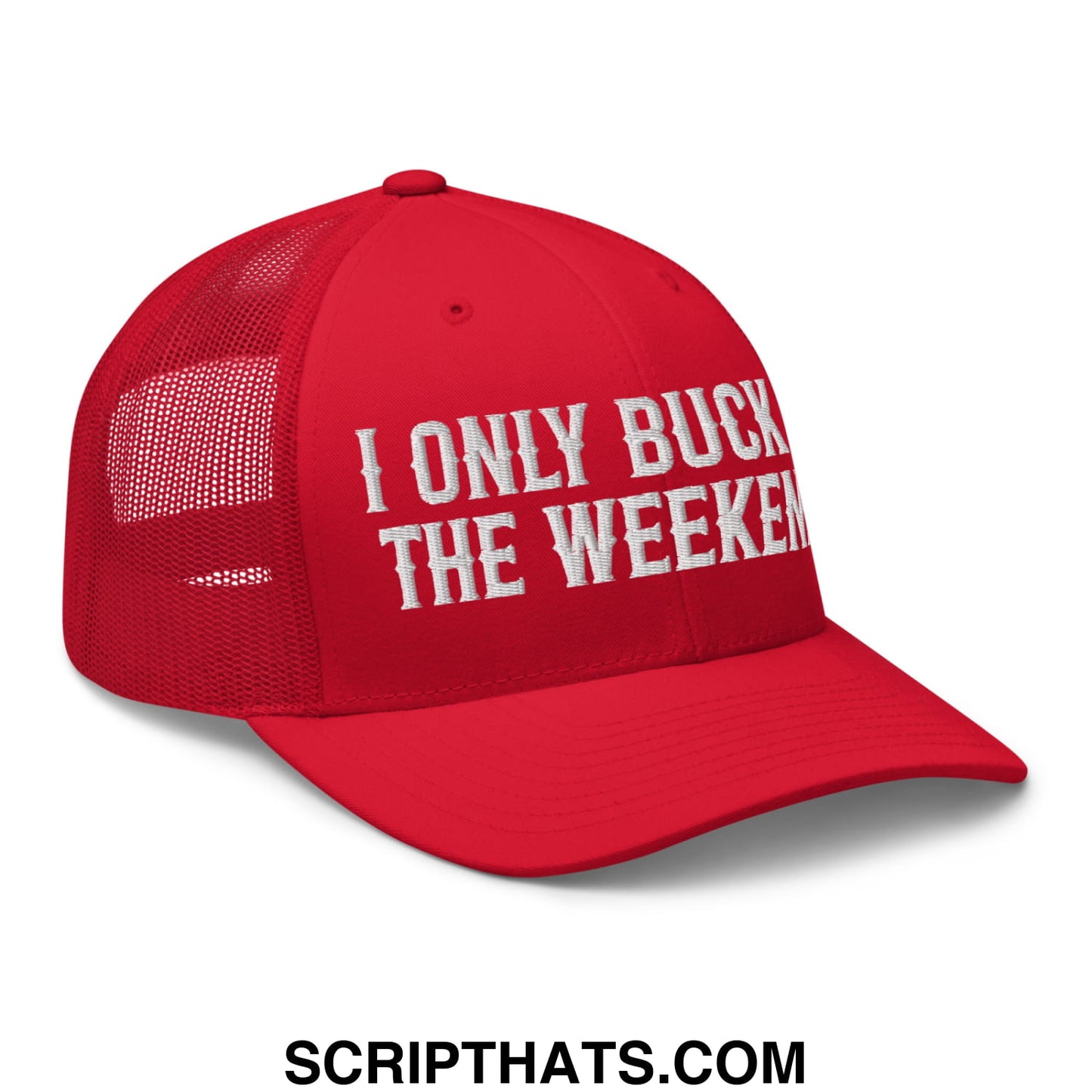 I Only Buck on the Weekends Embroidered Mesh Trucker Hat Red