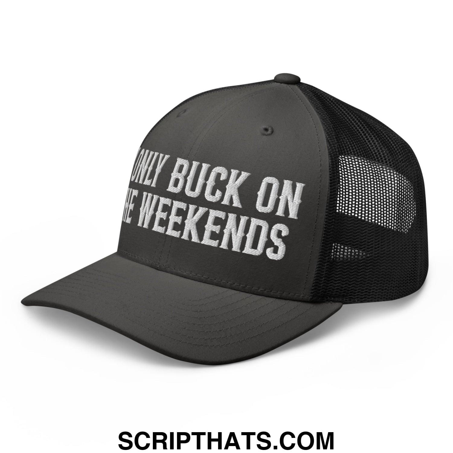 I Only Buck on the Weekends Embroidered Mesh Trucker Hat Charcoal Black