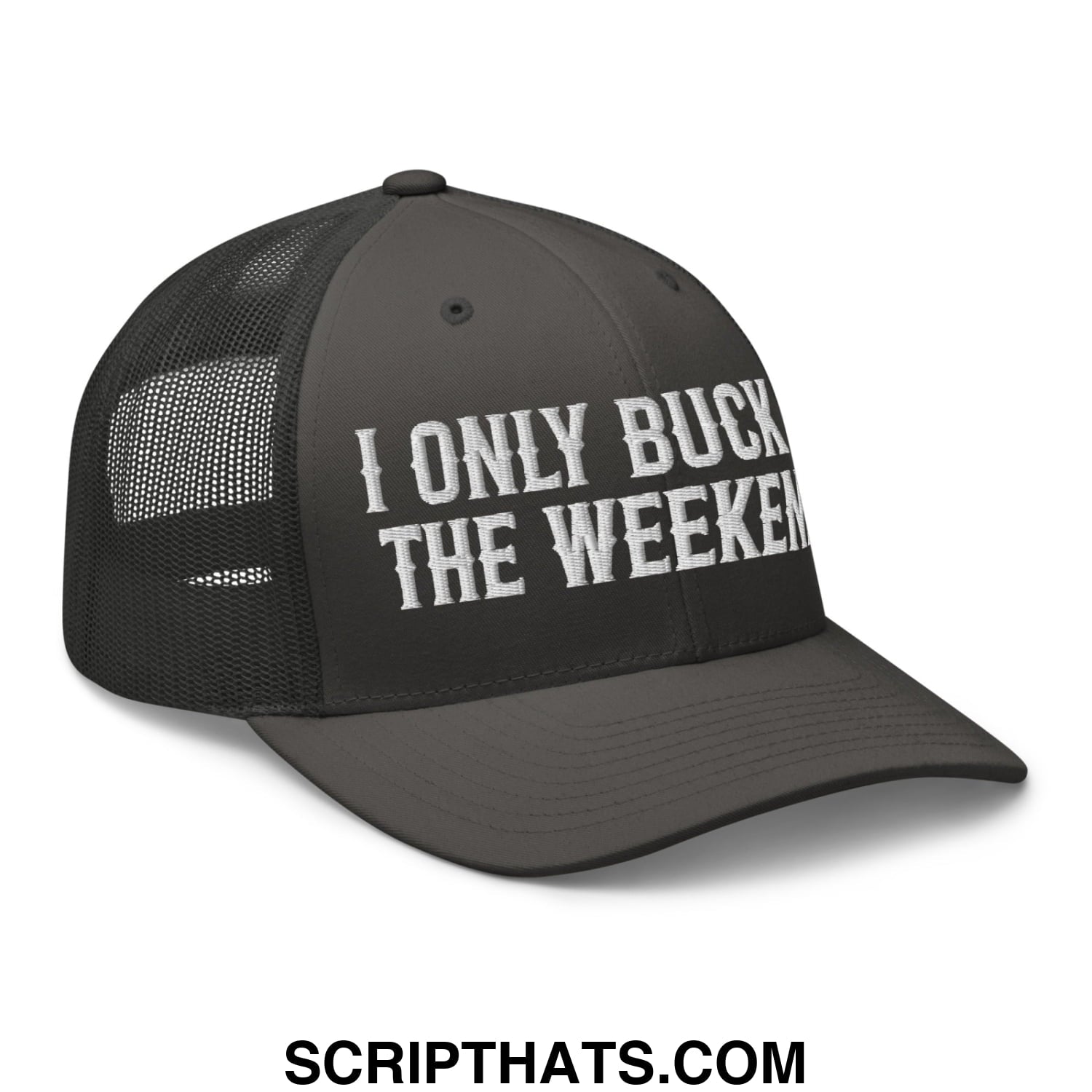 I Only Buck on the Weekends Embroidered Mesh Trucker Hat Charcoal