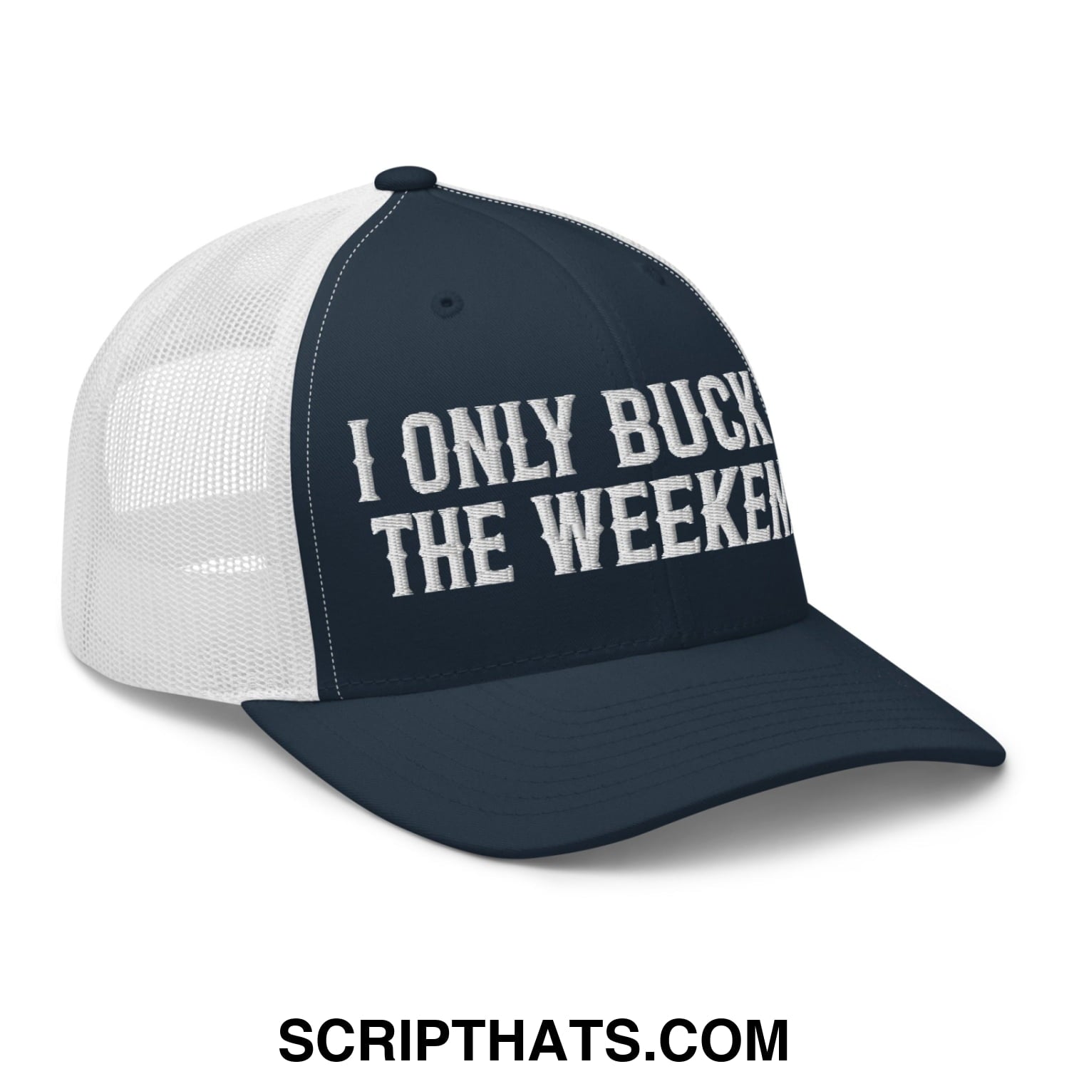 I Only Buck on the Weekends Embroidered Mesh Trucker Hat Navy White