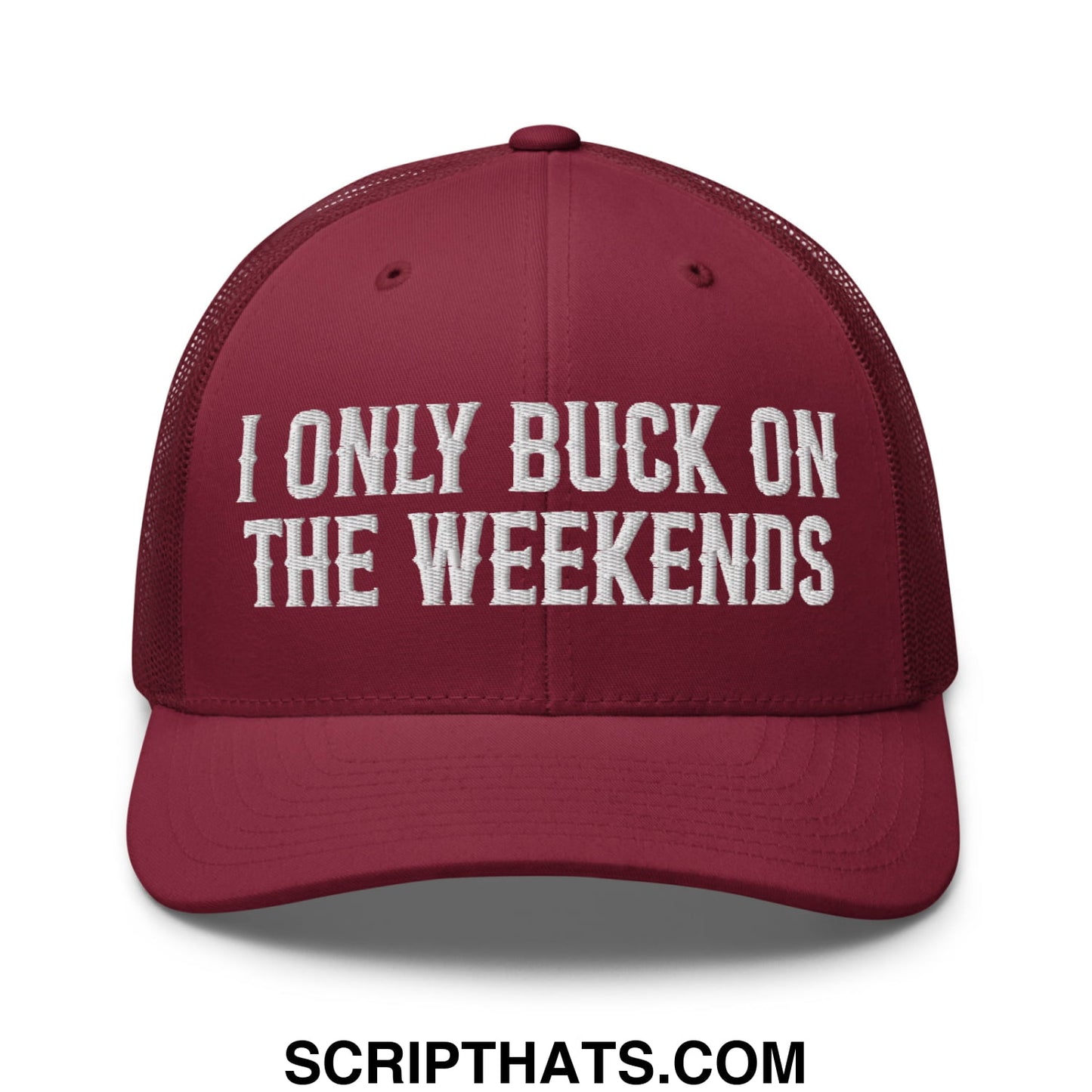 I Only Buck on the Weekends Embroidered Mesh Trucker Hat Cranberry