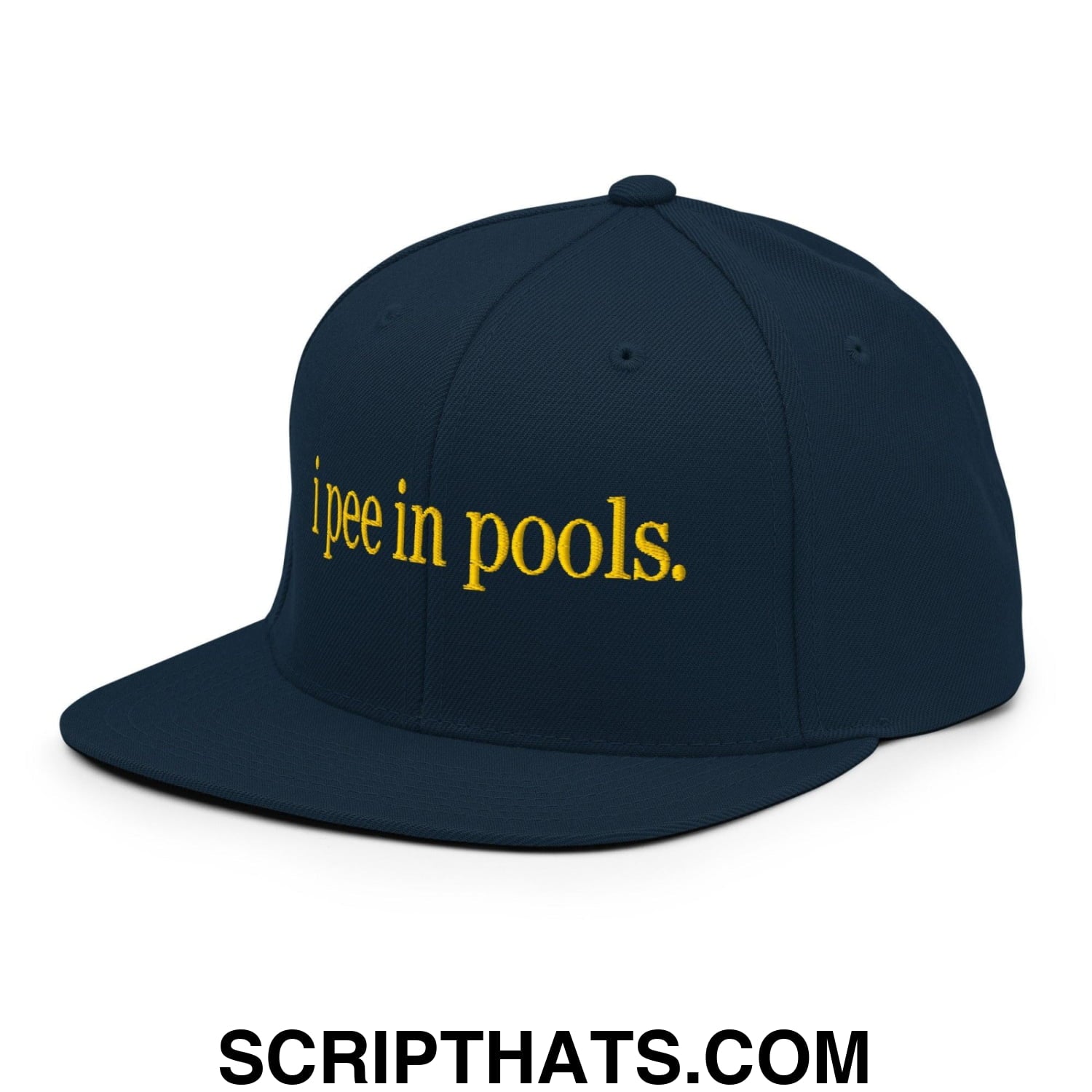 I Pee in Pools Embroidered Flat Bill Brim Snapback Hat Dark Navy