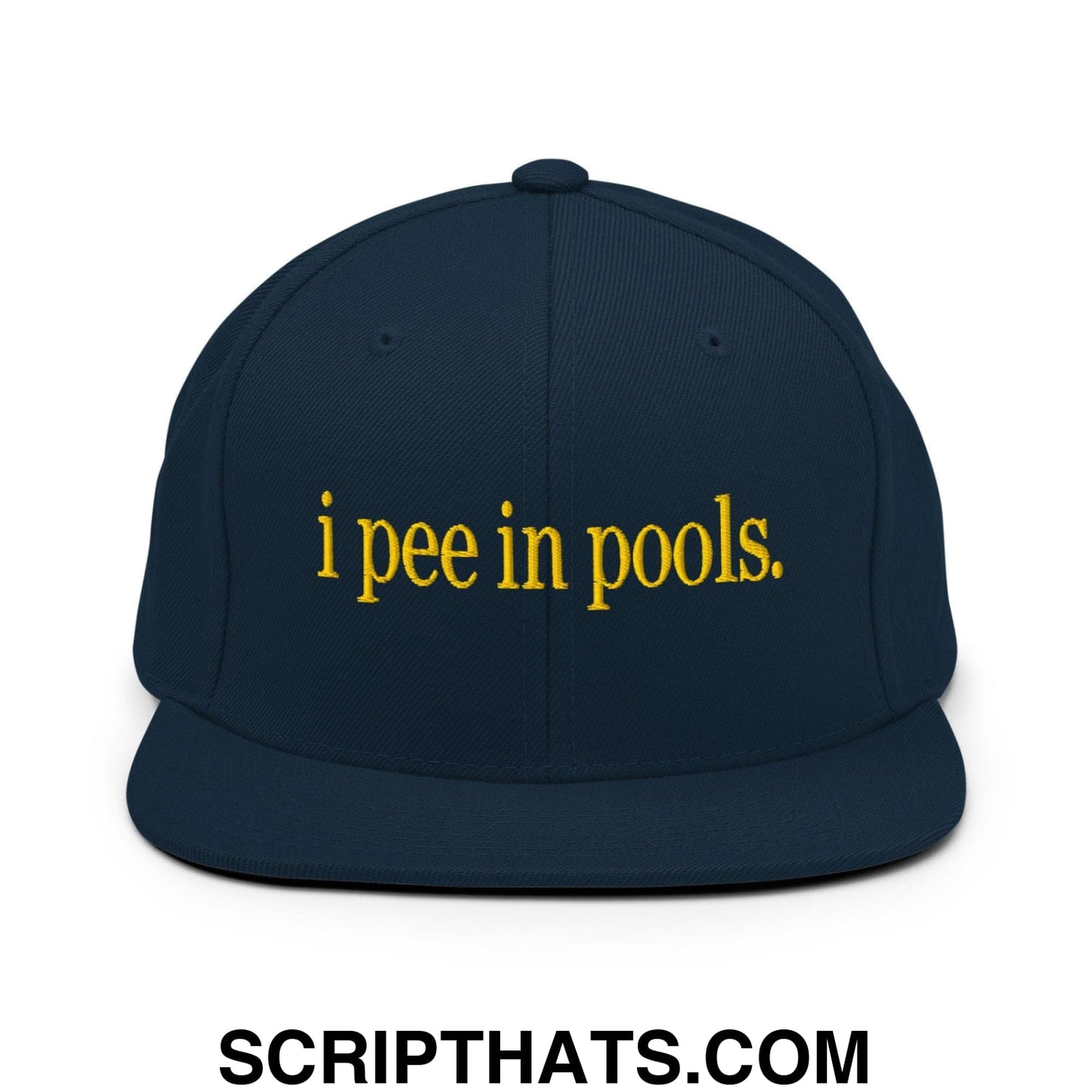 I Pee in Pools Embroidered Flat Bill Brim Snapback Hat Dark Navy