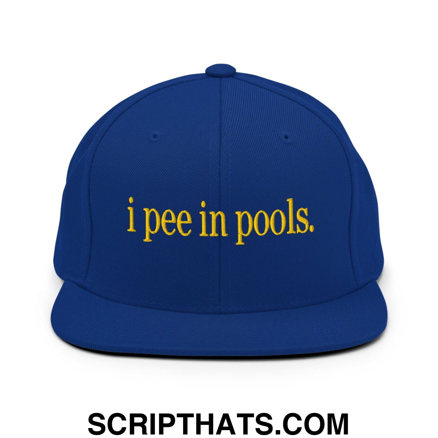 I Pee in Pools Embroidered Flat Bill Brim Snapback Hat Royal Blue