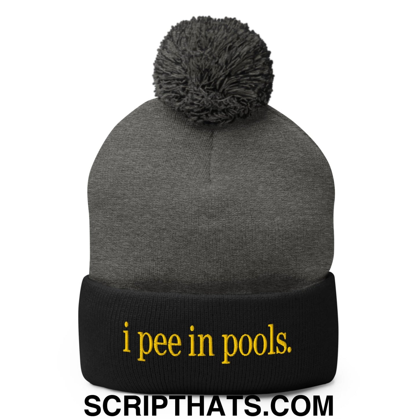 I Pee in Pools Embroidered Knit Pom Pom Beanie Dark Heather Grey Black