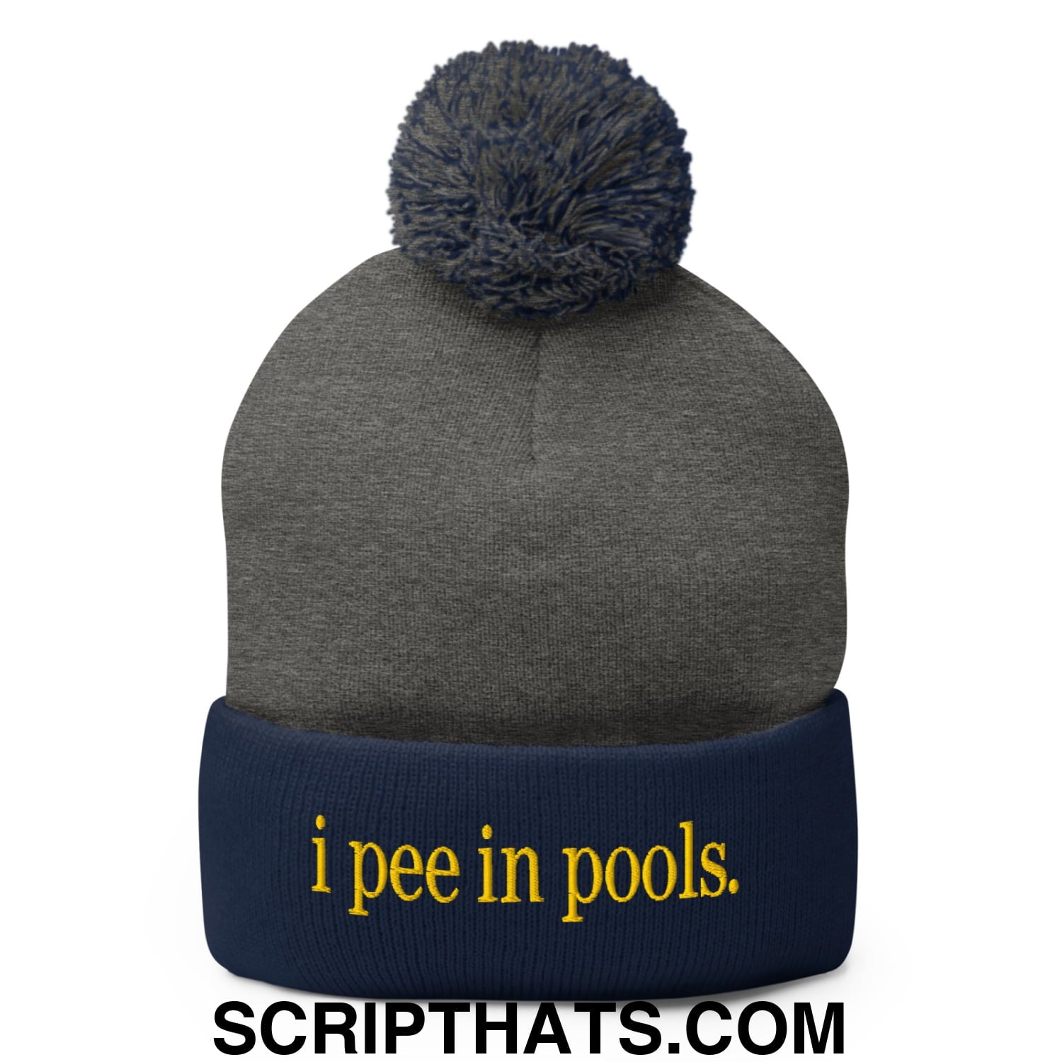 I Pee in Pools Embroidered Knit Pom Pom Beanie Dark Heather Grey Navy