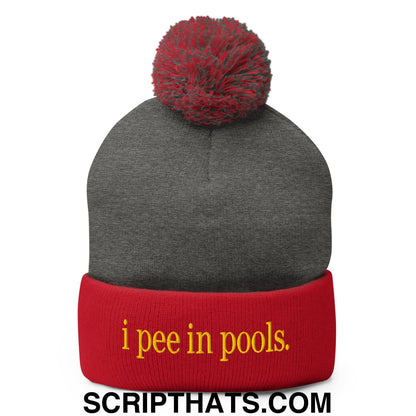 I Pee in Pools Embroidered Knit Pom Pom Beanie Dark Heather Grey Red