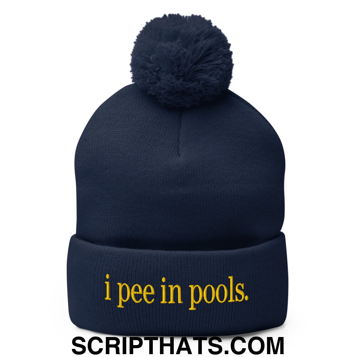 I Pee in Pools Embroidered Knit Pom Pom Beanie Navy