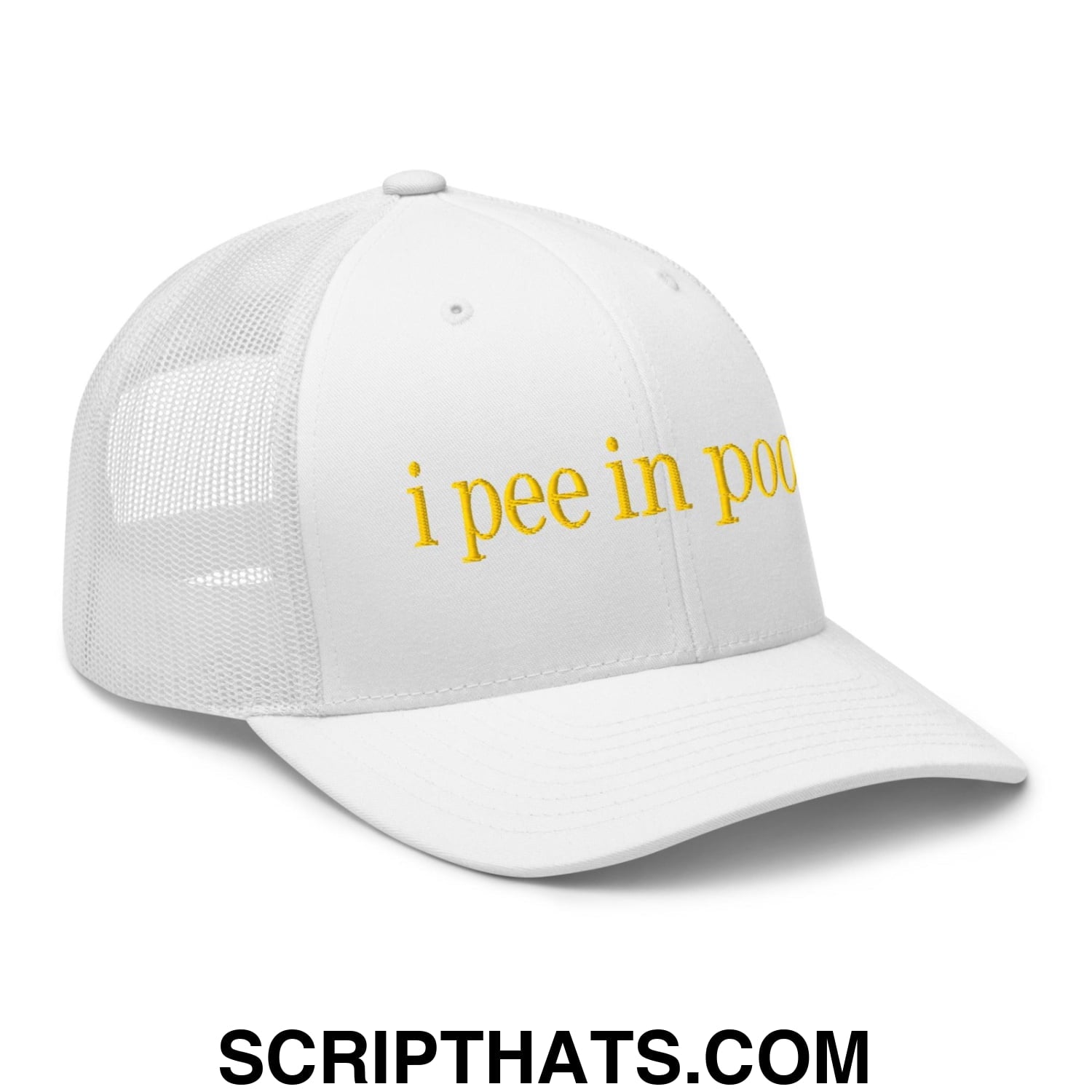 I Pee in Pools Embroidered Mesh Trucker Hat White